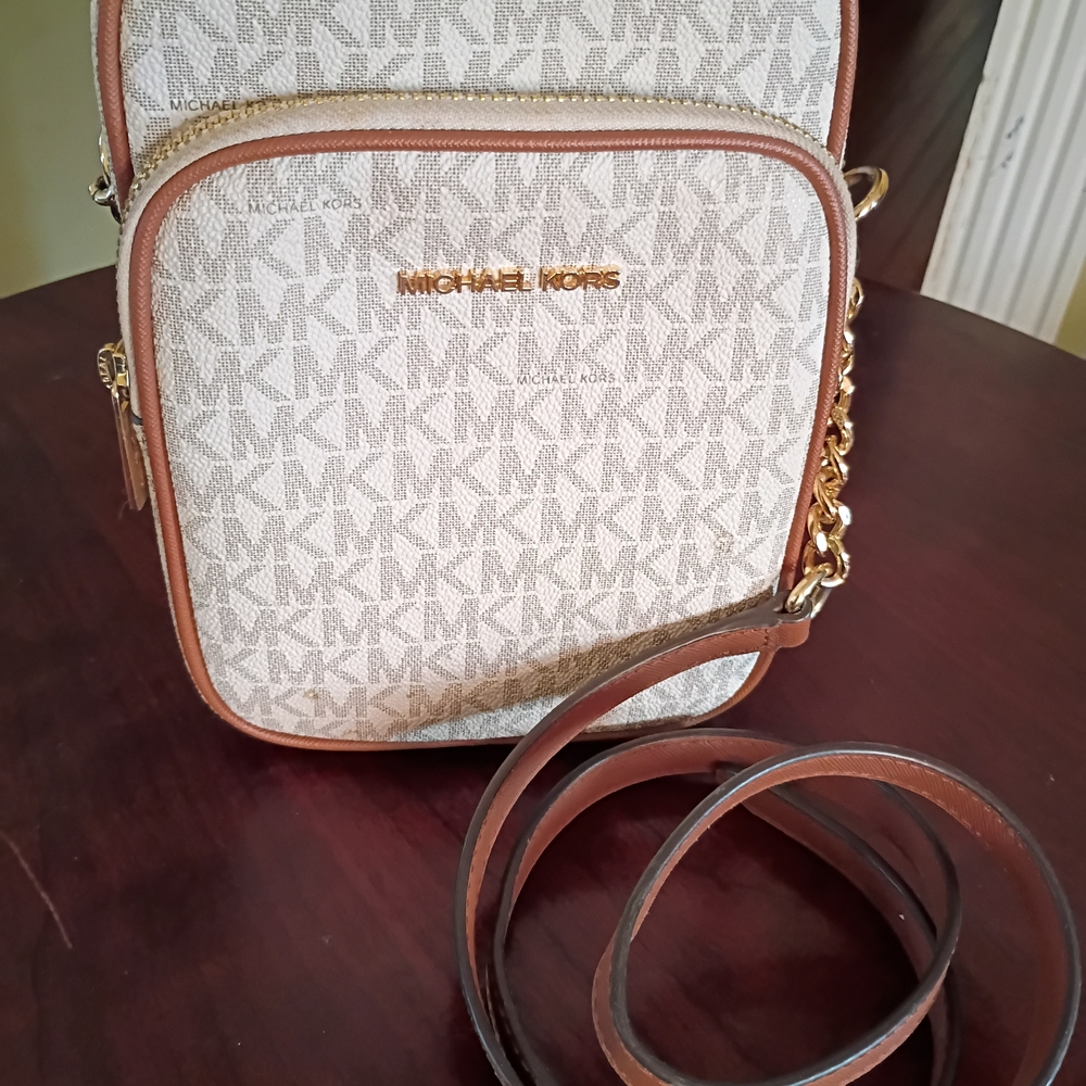 Michael Kors Cream and Brown Signature Small Crossbody